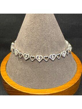 Sterling Silver 925 Natural Diamond Heart Chain Bracelet Size 7.5" Length
